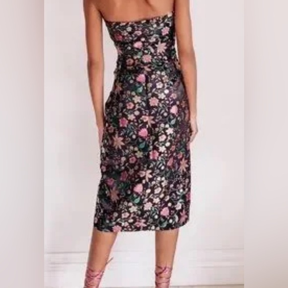 Lulu’s Make a Move Black Satin Floral Jacquard Strapless Midi Dress - Picture 3 of 10